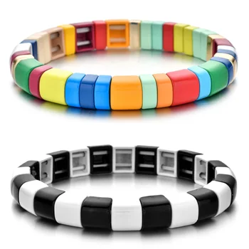 

New Fashion Factory Outlet Round Beads Bohemian Style Handmade Rainbow Enamel Tile Bracelet Colorful Painted Metal Cuff Bracelet