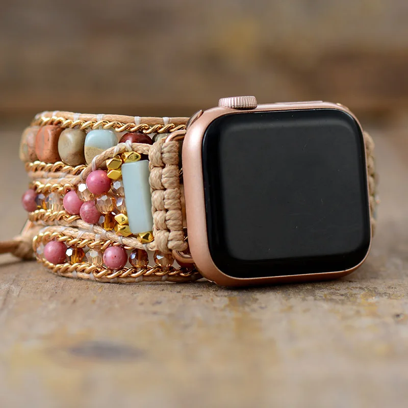Creative Natural Gems Stone Aple Watch Band Beads Boho 3X Wrap Vegan Rope Watch Strap Wristband Bracelet Accessories