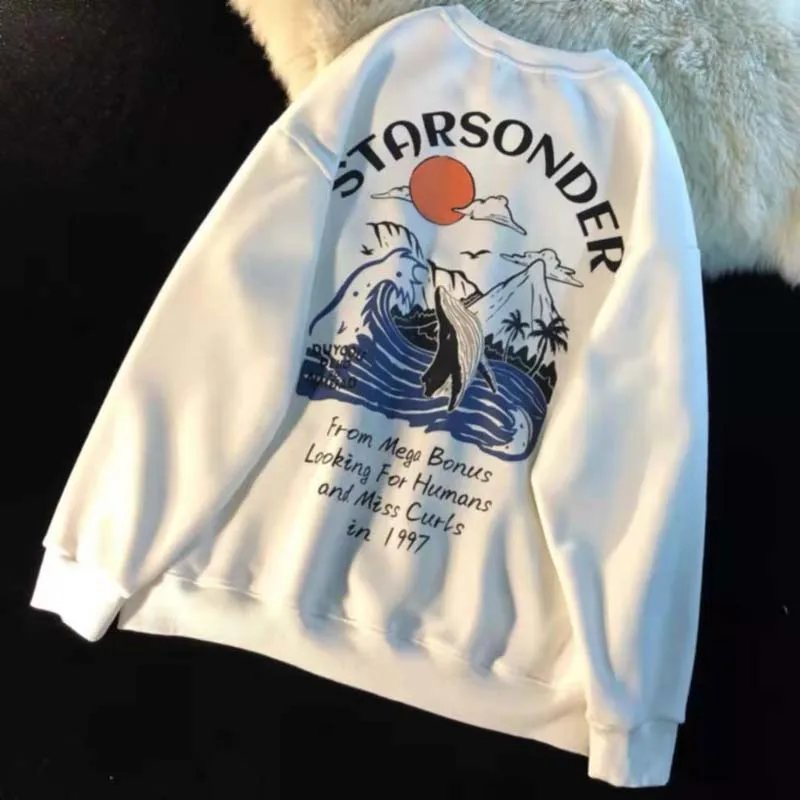 Autumn And Winter New Japanese Retro Painting Printing Tide Brand American Long-sleeved Jacket Wild Couple Ins Round Neck Sweate