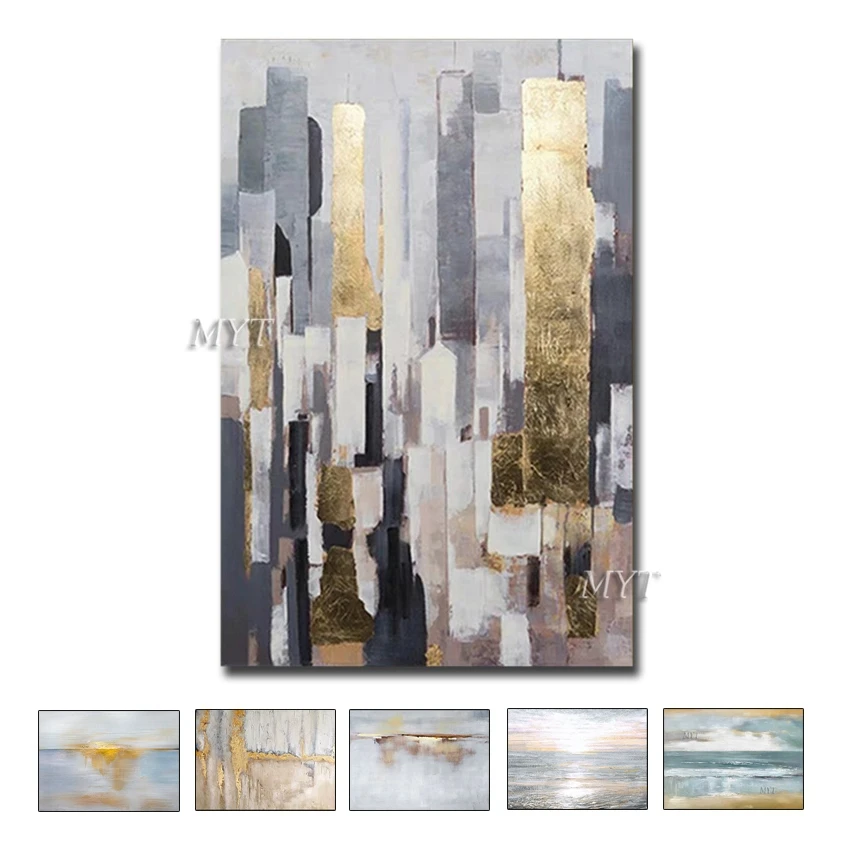 Морской пейзаж MYT картина маслом на стену абстрактное искусство Золотая фольга