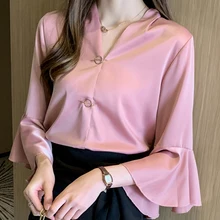 

Women's Autumn New Blouses V Neck Office Lady Style Chiffon Shirt Female Butterfly Long Sleeve Solid Button Blusas Mujer De Made