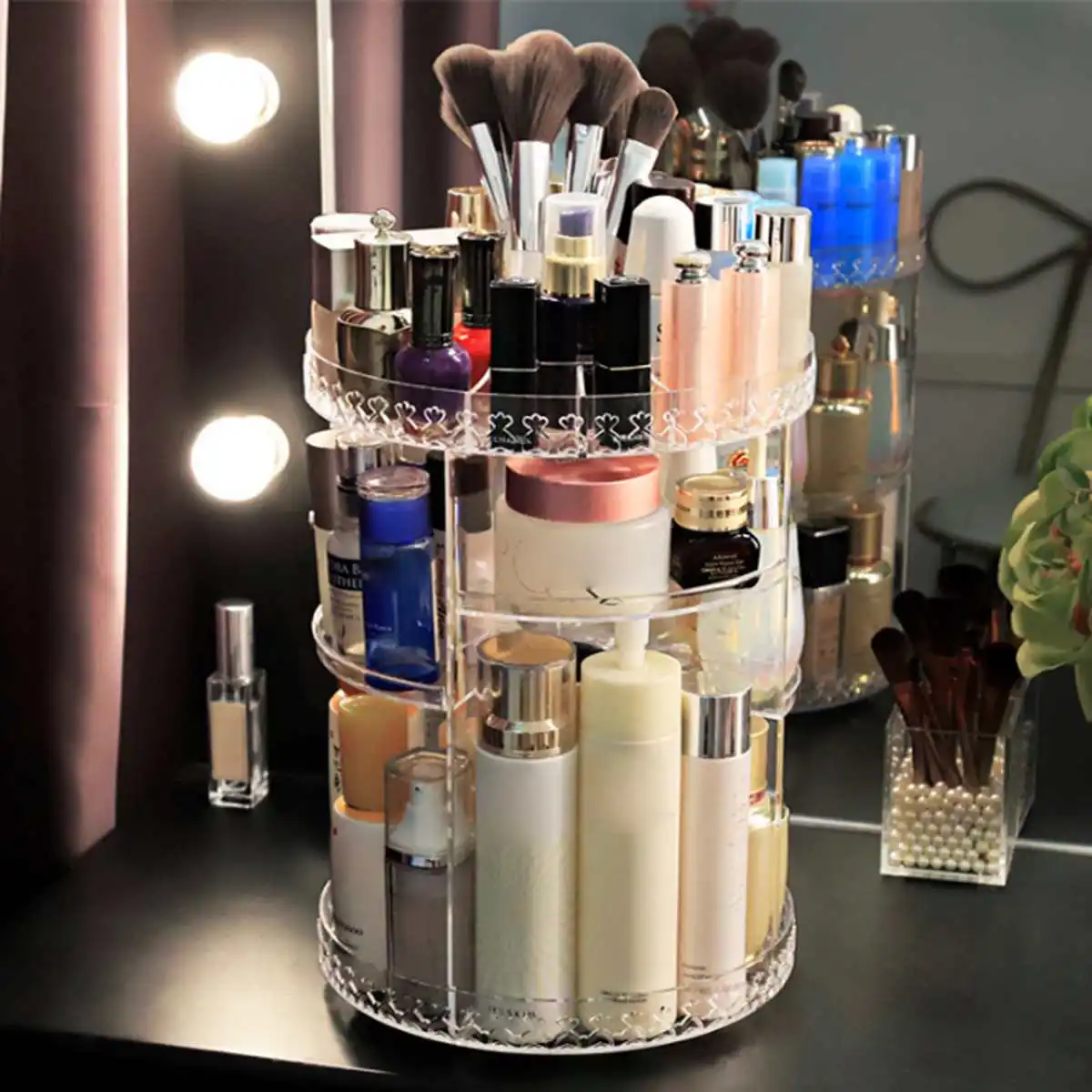Acrylic 360 Degree Rotation Transparent Cosmetics Storage Box Fashion Spin Multi-function Detachable Makeup Beauty Organizer
