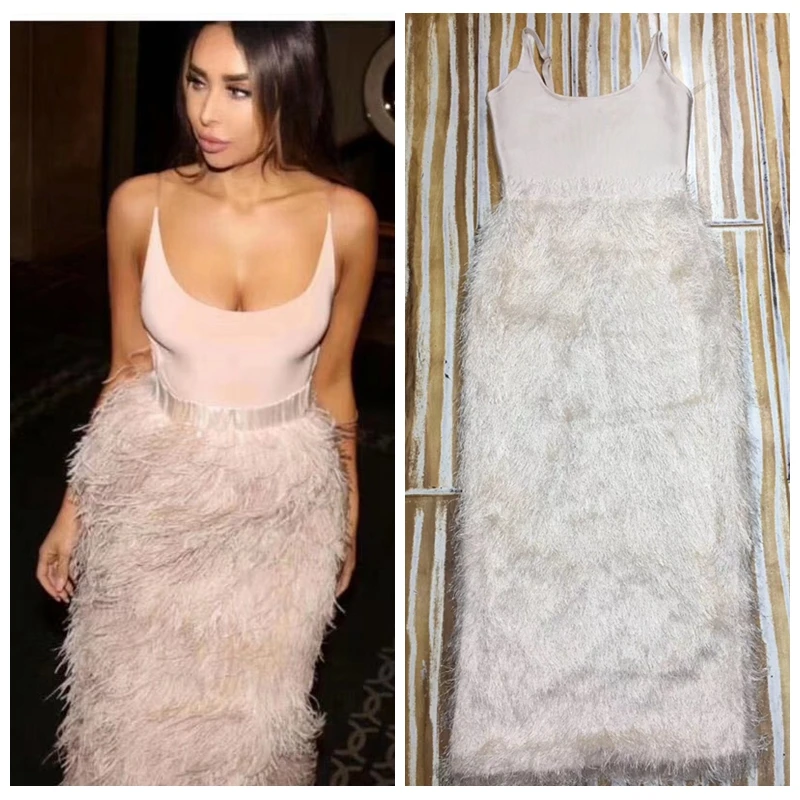 

Fashion Spaghetti Strap Pink Dress 2019 Women Elegant Fur Sleeveless Feathers Mini Dress Evening Party Dresses Vestidos ClubWear