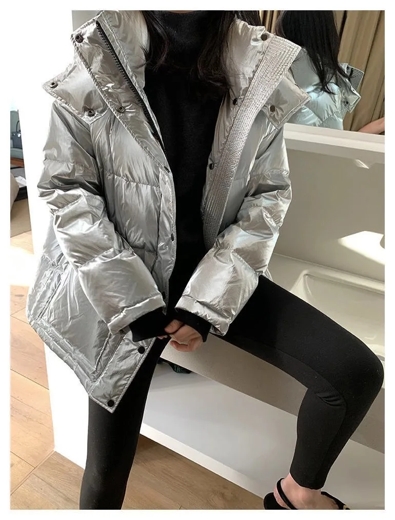 Casual Loose Glossy Hooded Down Jacket Women Fashion Solid Winter Thick Warm White Duck Down Coats Female Elegant Belt Parkas black parka