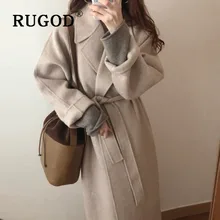 RUGOD/ новое зимнее теплое однотонное кашемировое шерстяное пальто с отложным воротником, зашнуровать, плотное manteau femme, модное элегантное casaco