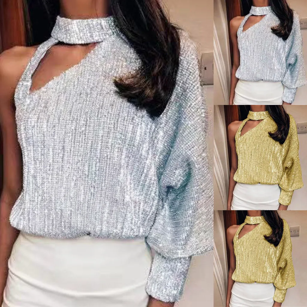 

Women Lady Fashion Halter O-neck Long Sleeve Sequins Party Tops Tunics Футболка Женская T Shirt Harajuku Dropshipping