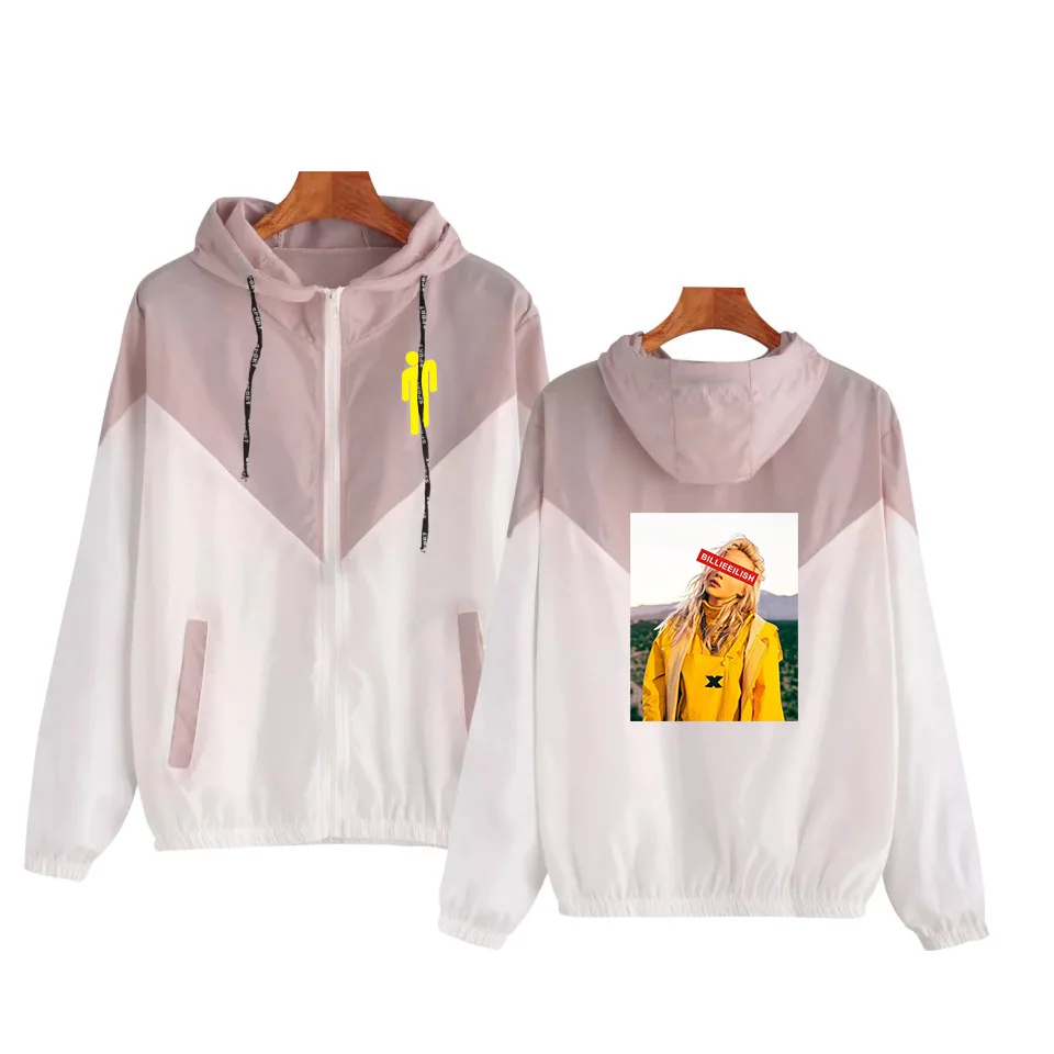 

Women Basic Jacket Female Zipper Pockets Casual Long Sleeves Coats Billie eilish Hooded Jacket Two Tone Windbreaker Jacket
