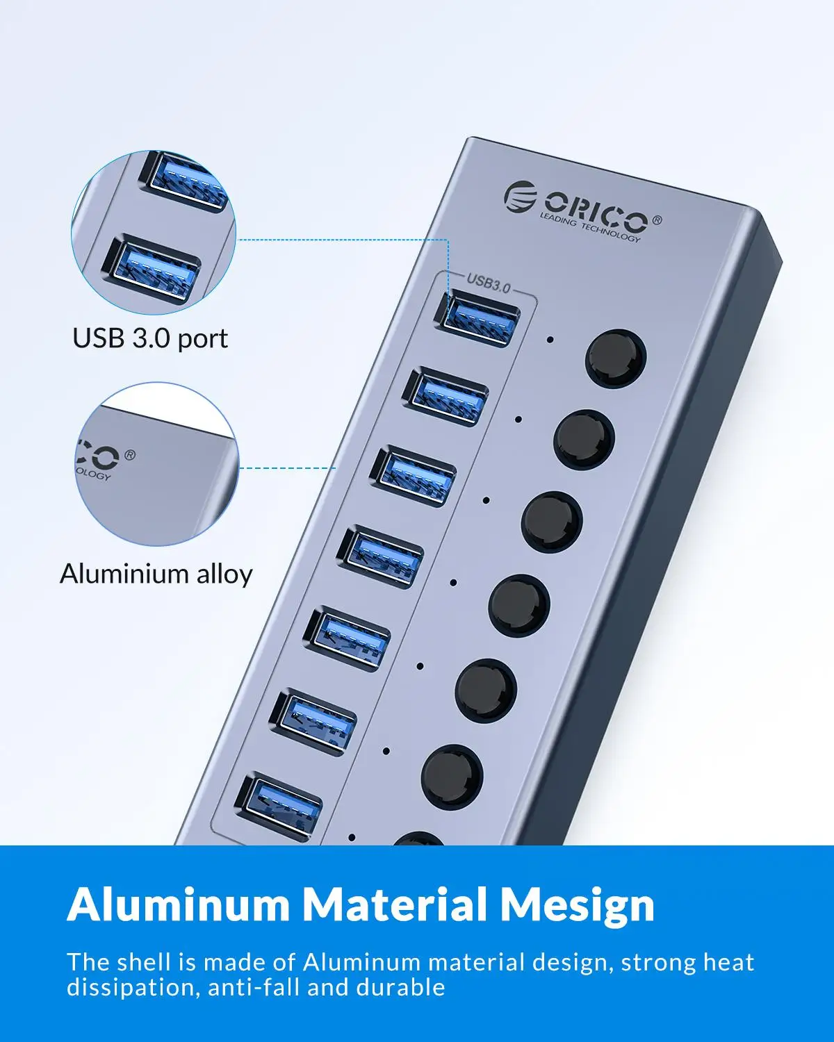 Hub USB alimentado, concentrador USB 3.0 de 7 puertos sipolar con indicador  LED, multipuerto USB con adaptador de corriente de 12 V 3 A, expansor de