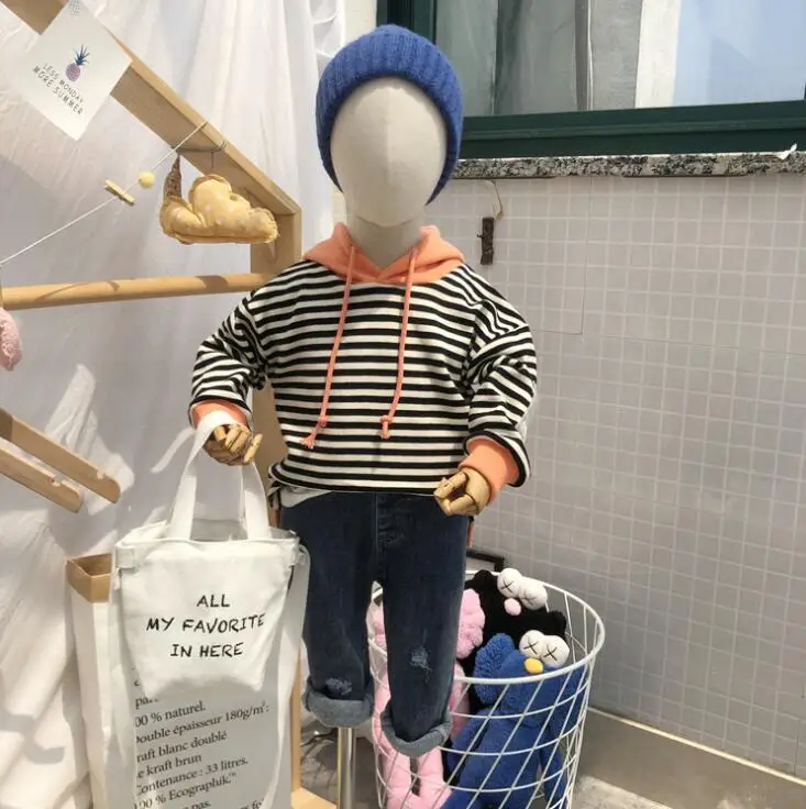 Г., новая стильная футболка в полоску с капюшоном для девочек и мальчиков осенне-зимняя хлопковая модная детская толстовка с длинными рукавами от 3 до 8 лет, PQ186 - Цвет: Оранжевый