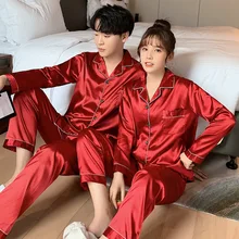 FAKUNTN Solid Sleepwear Silk Satin Pajamas Couple Set Long Button-Down Pyjamas Suit Pijama Women Men Loungewear Plus Size  Set