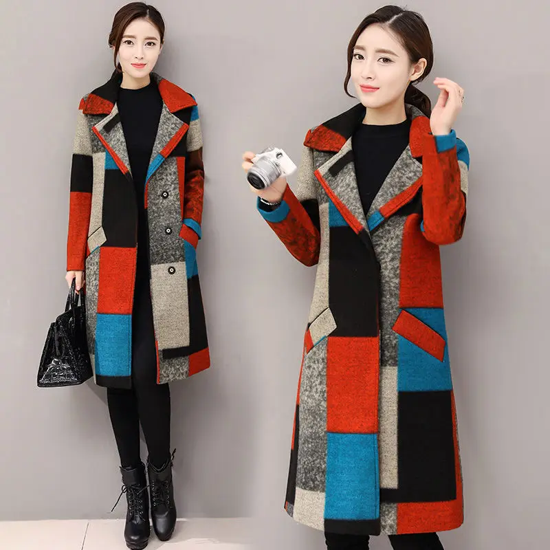 

JUNSRM-Women's Mid-length Woolen Coat, Korean Color Plaid, Long Sleeve, Good Quality