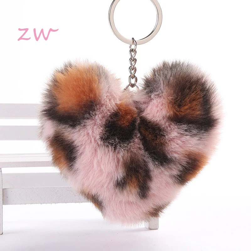 

Fluffy Fur Pompom Keychain Soft Lovely Heart Shape Pompon Leopard Print Loving Hairball Key Ring Ring Party Gift