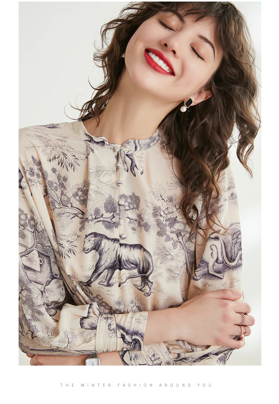 Женская шелковая блуза из натурального шелка креп Блузы с принтом для женщин с длинным рукавом стоячий воротник блузка рубашка Офисная Женская блузка