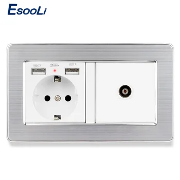 

Esooli EU Standard Power Socket Grounded With Female TV Jack 2100mA Dual USB Tempered Stainless Steel Brushed Silver Frame Panel