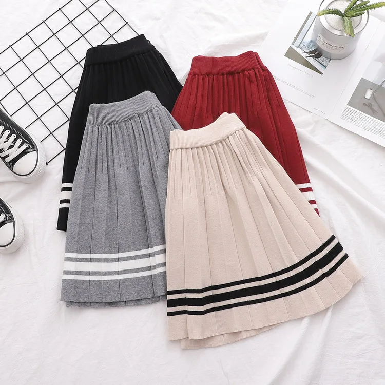 KYQIAO faldas mujer moda японская школьная форма mori для девочек зимняя эластичная резинка на талии в полоску трикотажная трапециевидная юбка