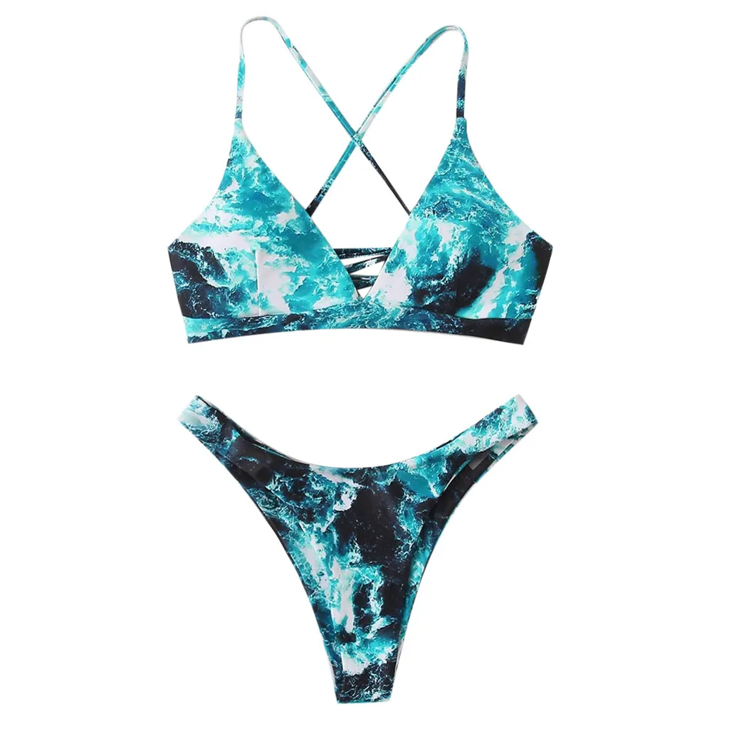 Two piece set bikini blue Star pattern swimsuit Women Gradient Print ...