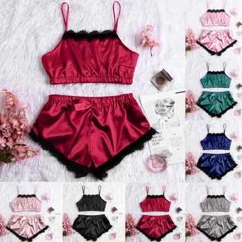

Sexy Lingerie Nightwear Satin Pajamas Set For Women Lace Bowknot Cami Shorts Pyjamas Suit Slips Sexy Sleepwear Underwear Pijamas