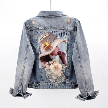 

2020 Spring New Joker Fashion Denim Jacket Women Bead Embroidered Flower Washed Hole Short Denim Jacket Students Slim Coat Tops