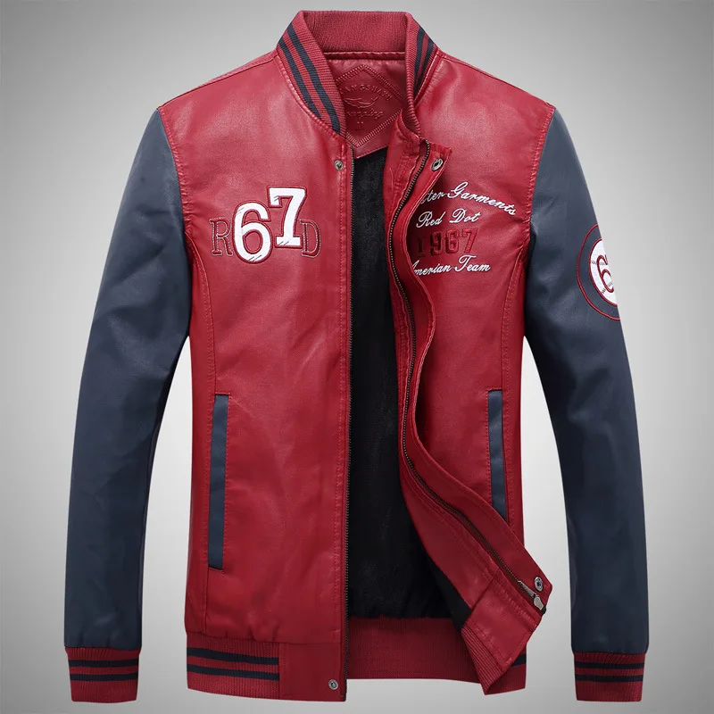 Мужская кожаная куртка зима бренд вышивка бейсбольные куртки мужской кардиган-Пончо теплый флис пилот куртка Бомбер верхняя одежда - Цвет: FK106 Red