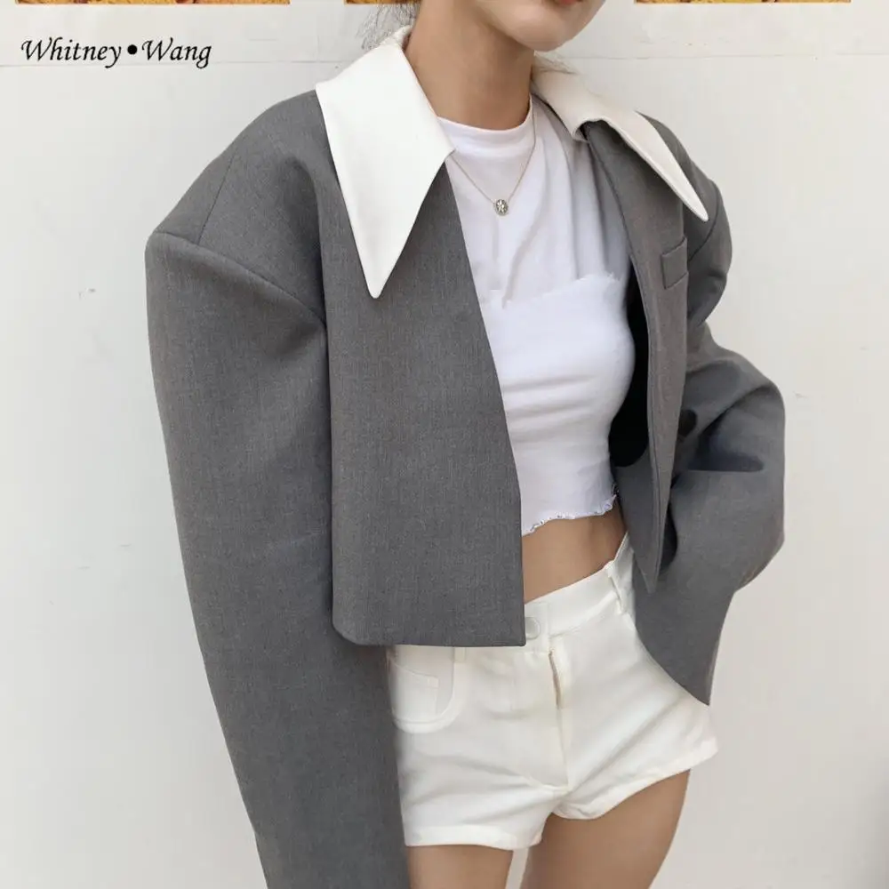 WHITNEY WANG Осенняя модная уличная одежда дизайнерский стиль съемный воротник короткий Блейзер, Женское пальто