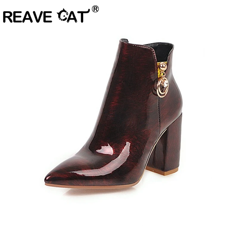 

REAVE CAT 2020 British style block high heel boots Crystal western ankle booties pointed toe zipper Party work Shoes A2419