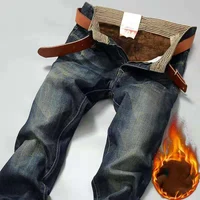 Men's Autumn Winter Thermal Warm Flannel Stretch Jeans Quality Famous Fleece Pants Men Straight Flocking Trousers Jean Male 1