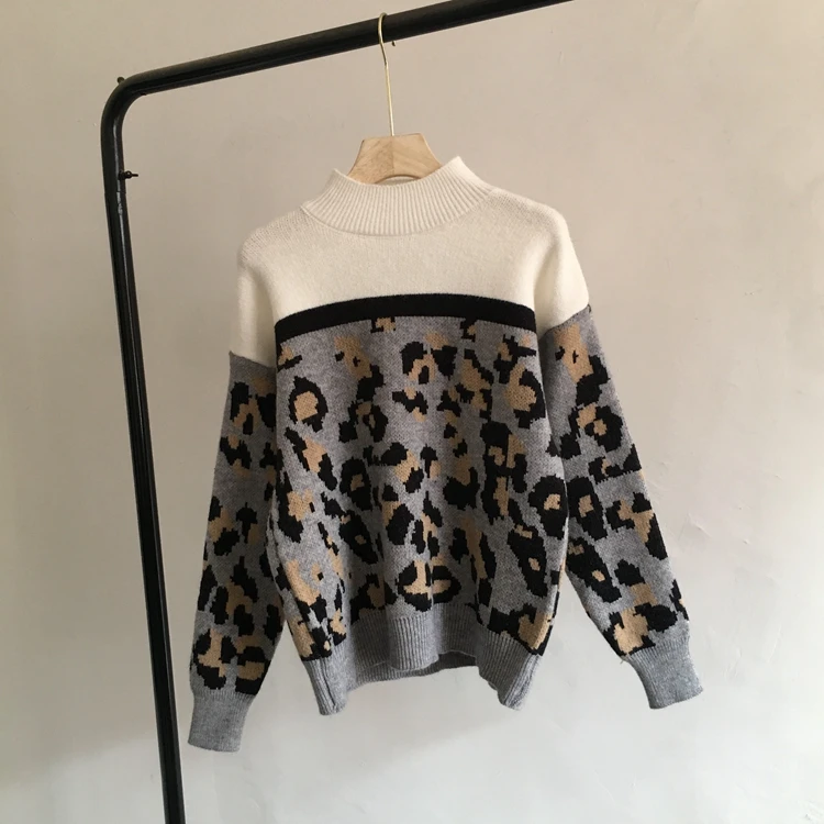 Neploe, японский милый пуловер, вязаная одежда с леопардовым принтом, контрастный цвет, свитер с длинным рукавом, половина водолазки, зимняя плотная трикотажная одежда 56333