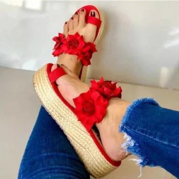 

Women Summer Flower Slippers Hemp Weaving Peep Toe Platform Flat Flip Flops Casual Fashion Female Ladies Shoes Zapatos De Mujer