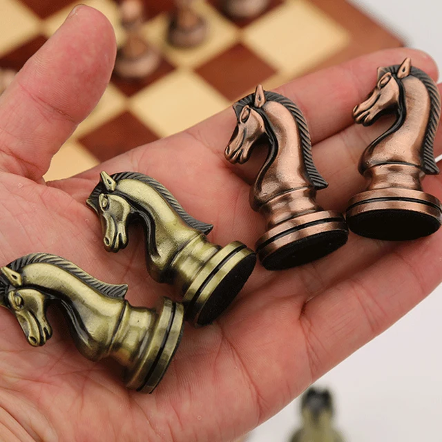 Buy Online Best Quality Medieval Metal Chess Set Luxury Portable Folding Wooden Chess Board Games With Chessboard 32 Chess ​Texture Classic Handmade
