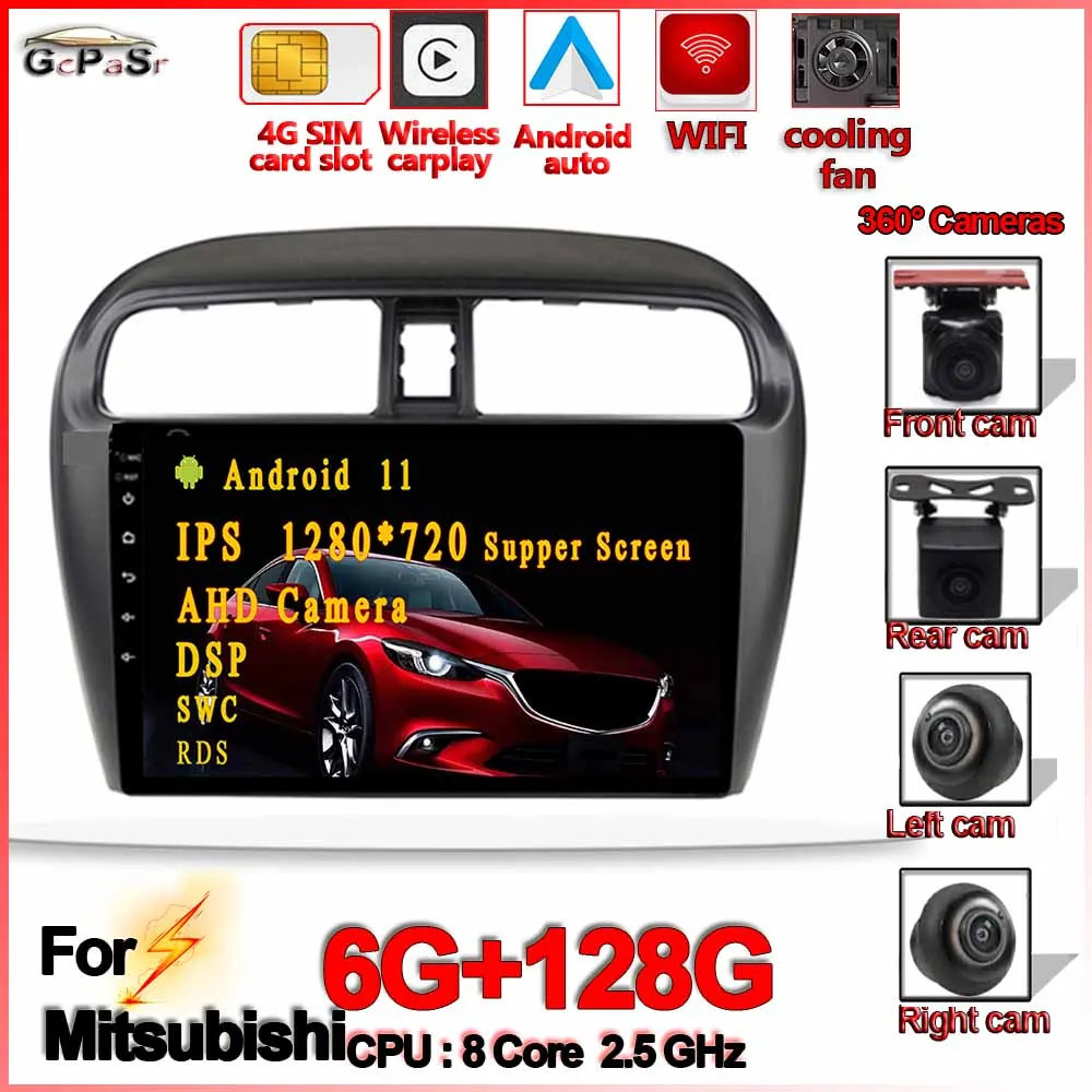 360 камера 128G Android 11 Carplay для Mitsubishi Mirage Attrage 2012 2018 Авторадио мультимедийный