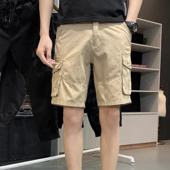 

Summer Cargo Shorts Men Cotton Breathable Loose Casual Short Pants Knee Length Shorts Pockets Military Solid Shorts Streetwear