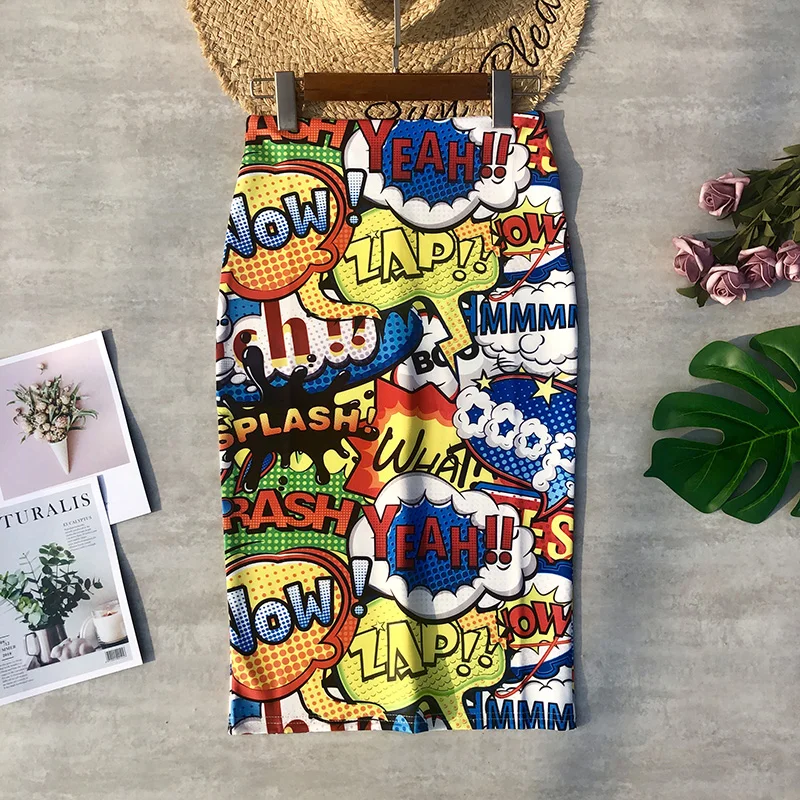 Women Skirts Cartoon Printing High Waist Pencil Skirts Graffitic Funny Bodycon Cotton Skirts Streewear