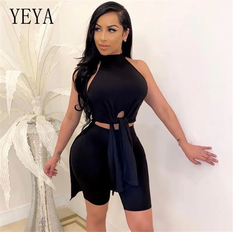 

YEYA Summer Two Piece Set Casual Tracksuits Black Fitness Sleeveless Lace Up O-Neck Tops+Shorts Suit Women 2 Pcs Night Outfits