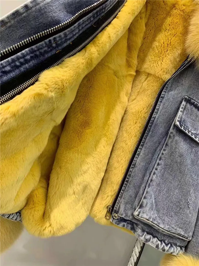 Зимняя короткая куртка, Женское пальто из натурального меха, парка, натуральный Лисий воротник, подкладка из кроличьего меха Рекс, Толстая теплая джинсовая куртка, уличная одежда