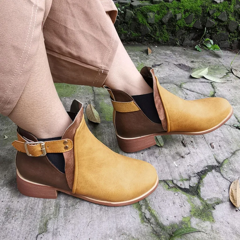 

Side v open leather buckle mixed color booties Casual vintage round head wild and ankle boots 2019 winter women short boot