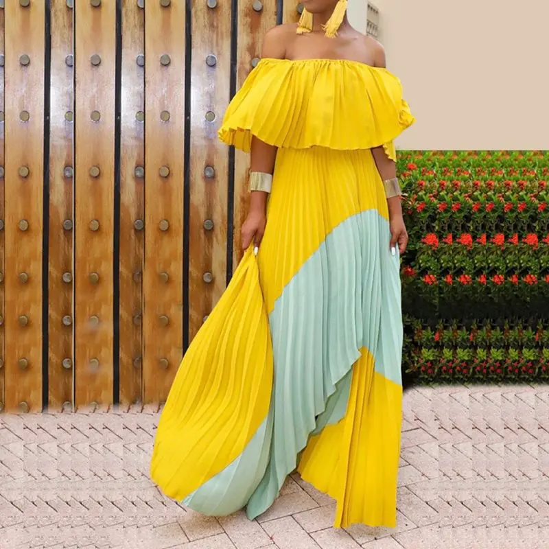 

Boho One Shoulder Irregular Pleated Long Maxi Dress Bohemian Vacation Beach Casual Loose Contrast Color Elegant 2019 Hot Sale