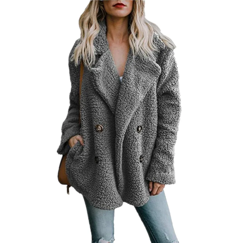 Высококачественное плюшевое пальто для женщин, элегантное Толстое Зимнее плюшевое пальто, искусственный пушистый флис, двойной карман, искусственный мех, плюшевая куртка для женщин