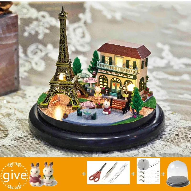 Мини игрушечный дом Diy игрушечный дом с мебели Прозрачная крышка Деревянный Мини Дом детский Рождественский подарок - Цвет: Eiffel tower