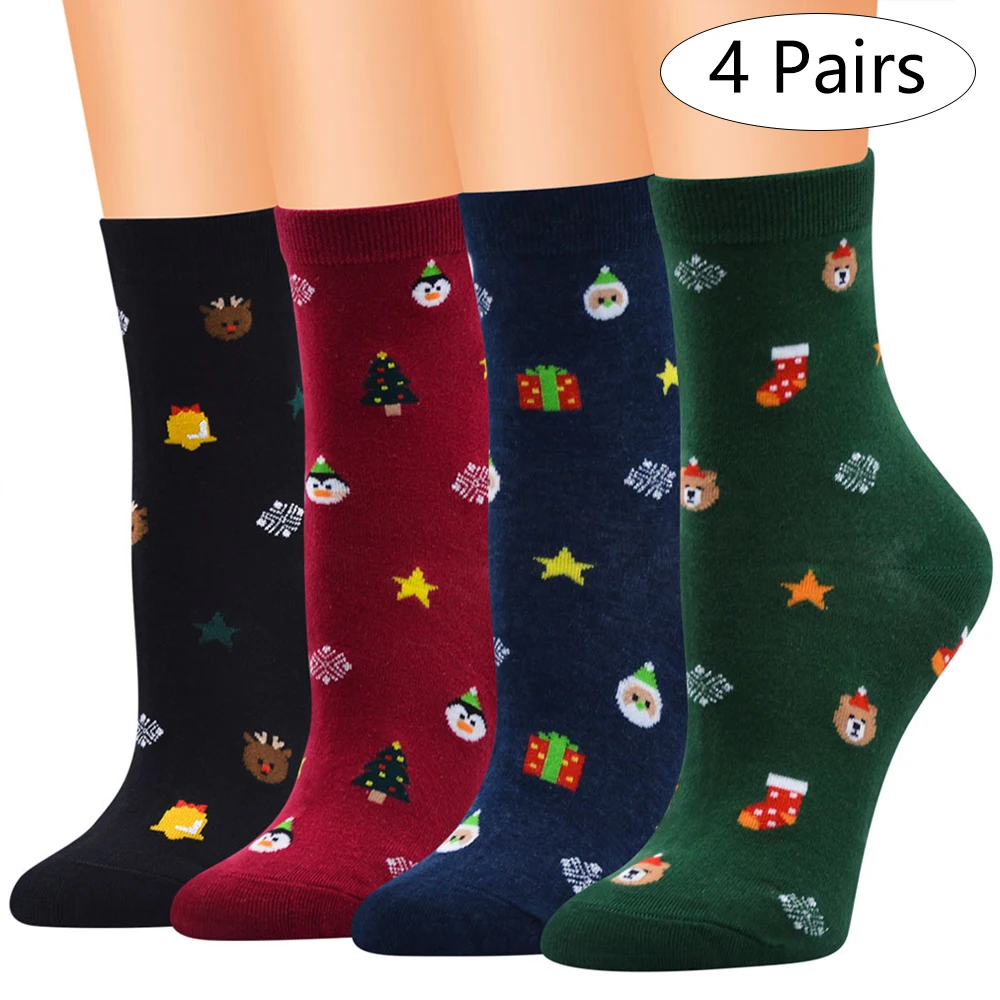 D 4 Pairs 4/5/6 пар с мультипликационным рождественским принтом хлопковые носки Повседневное Санта Клаус мягкие носки Для мужчин Для женщин коралловый зимние Утепленная Одежда Рождественские украшения - Цвет: D 4 Pairs