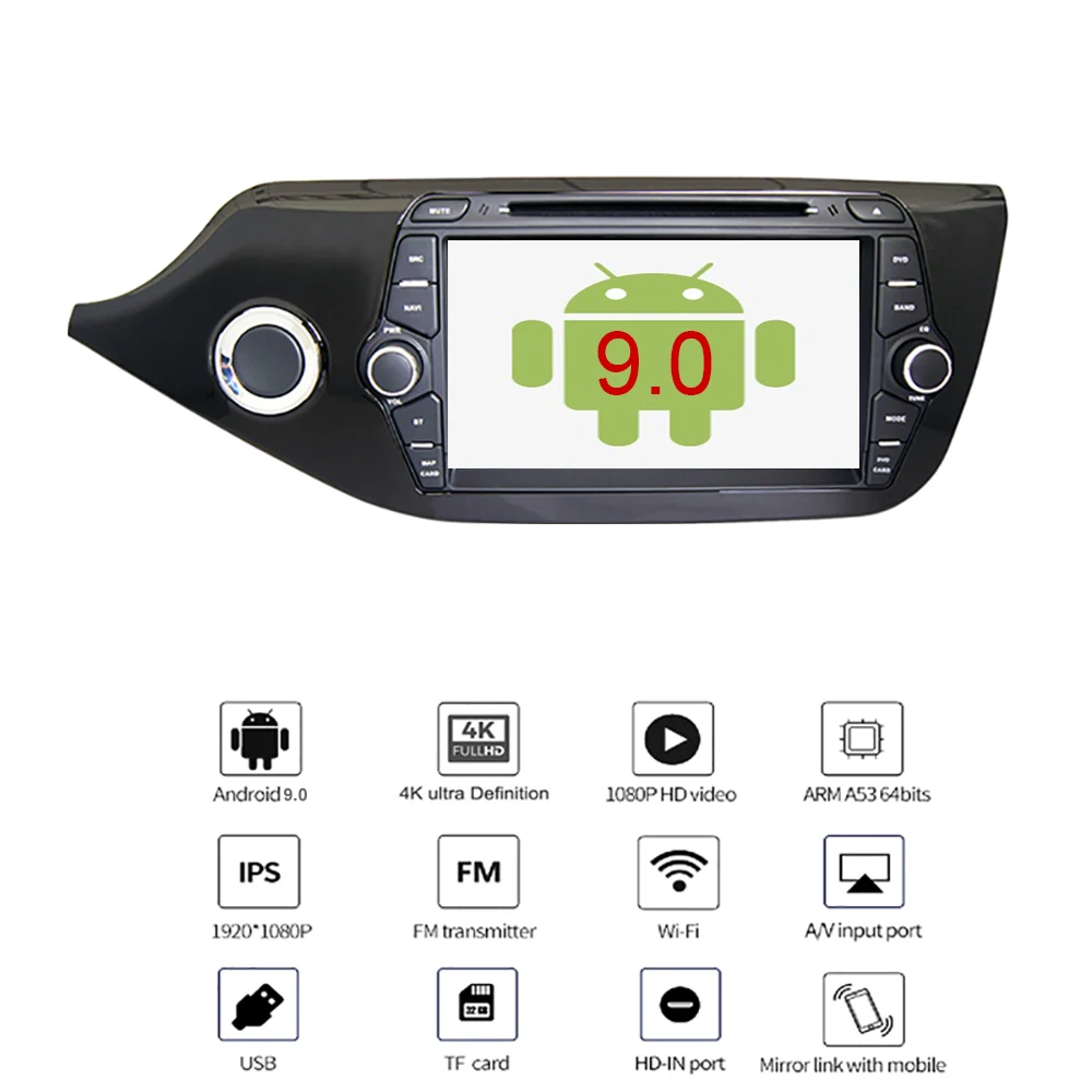 YAZH Android 9,0 автомобильный dvd-плеер для Kia Ceed Cee 'd с 8," ips 1024*600 HD радио/SW/Carplay/Mirror Link/Bluetooth 5,0