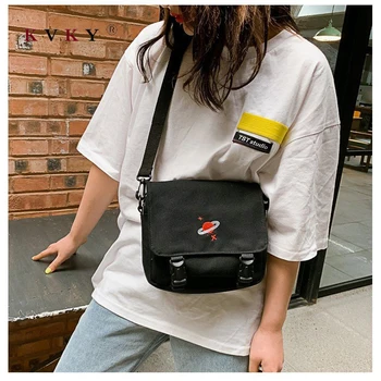 

Women's Canvas Handbags for Women 2019 Embroidery Planet New Hasp Creative Cartoon Shoulder Bags Universe Messenger Bags Bolso