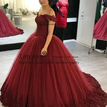Бургундия сладкий 16 платья бальное платье с открытыми плечами Бальные платья Кружева аппликации бисером платья Золушки 16 платье выпускного вечера
