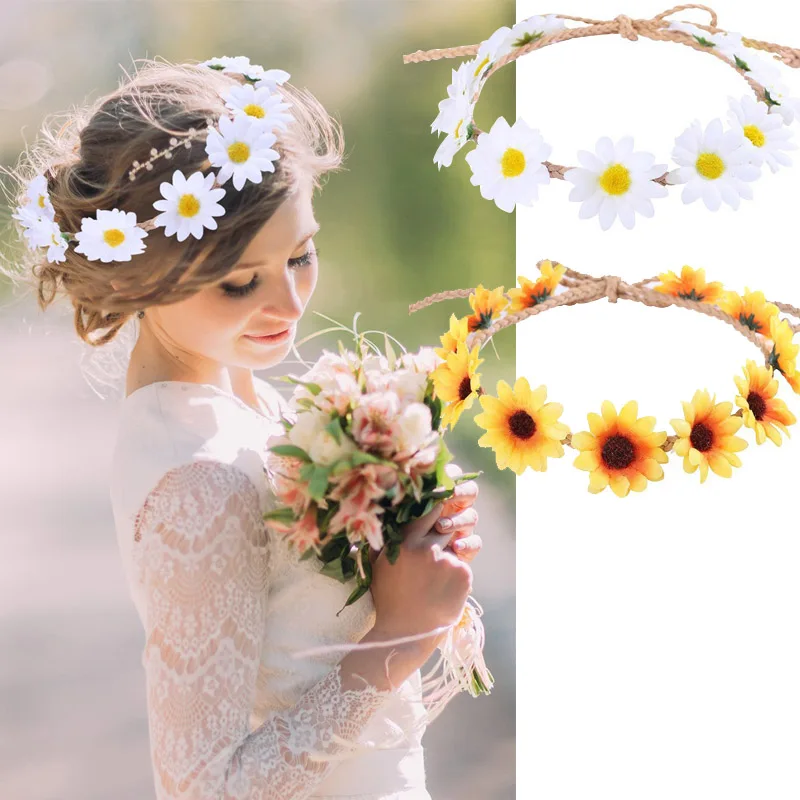 Straw hat rope long pointed sun flower wreath small daisy hair band braided hairwear |