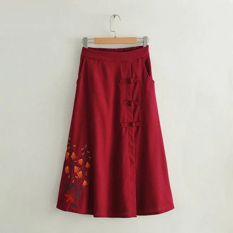 

New Folk Style Women A Line Skirt Elastic Waist Vintage Embroidery Cotton Linen Long Skirt Button Design Green Midi Skirt D421