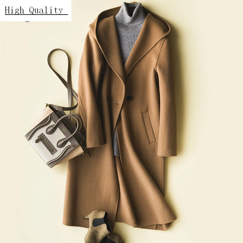 

Womens Winter Clothing 100% Wool Coats Female Long Hooded Woolen Jacket Autumn Spring Elegant Coat Black Overcoat LWL1332