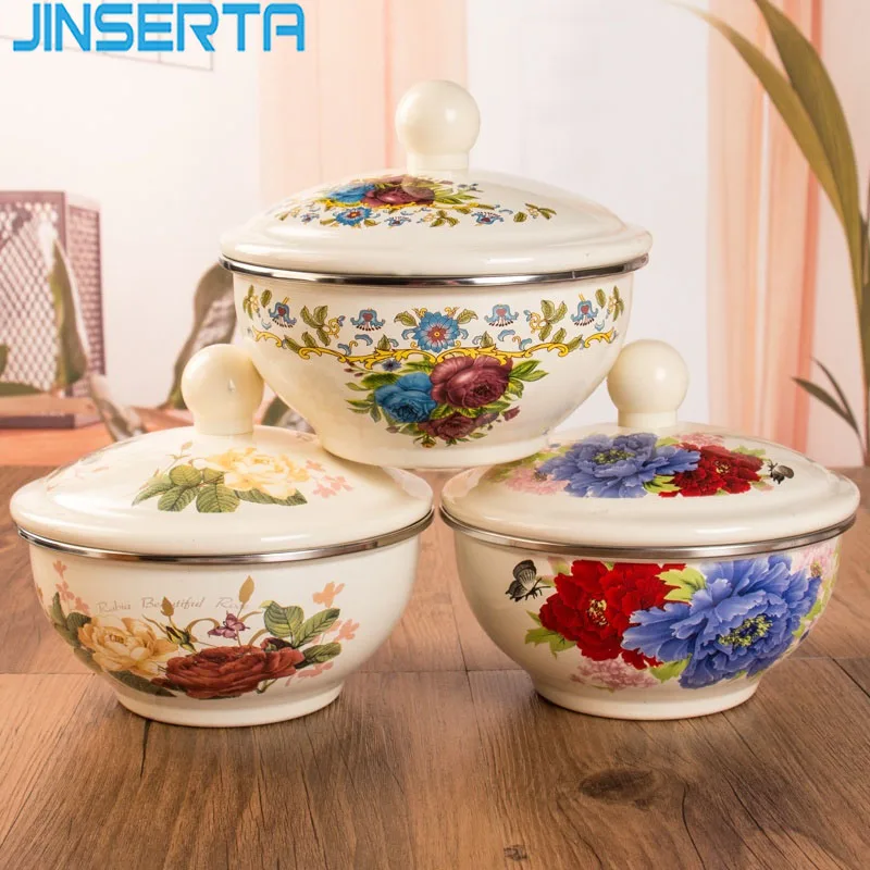 Винтажная эмалированная миска JINSERTA утолщенная вместительная с крышкой для