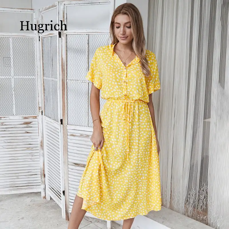 

Fashion Women's 2021 Summer Polka Dot Short Sleeve Causal Beach Office Dress Shirt Collar Lady Dresses