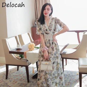 

Delocah Summer Women Fashion Designer Midi Dress Sexy V-Neck Ruffles Lace High Waist Floral Print Ladies A-Line Dresses vestidos