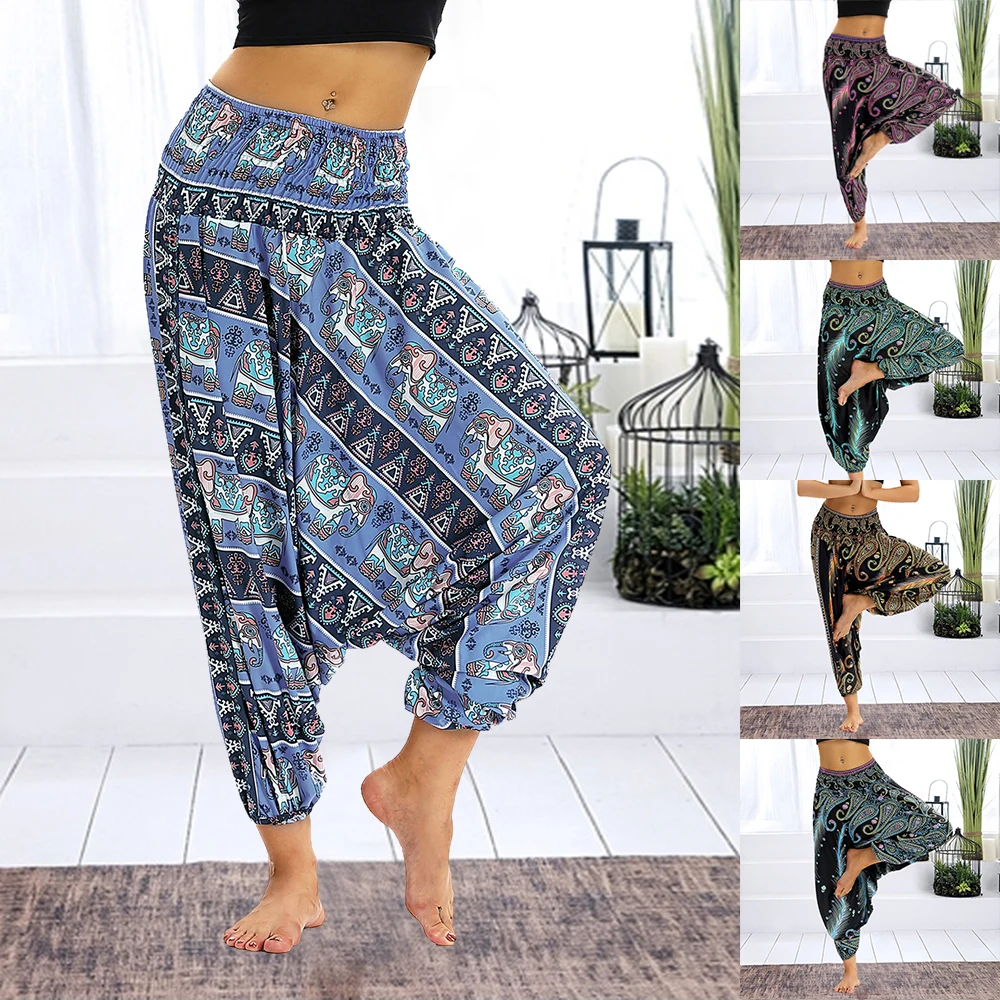 

2020 Boho Print Casual Wide Leg Women's Loose Yoga Pants Trousers Sweatpants Women Summer Plus Size Baggy Aladdin Pants