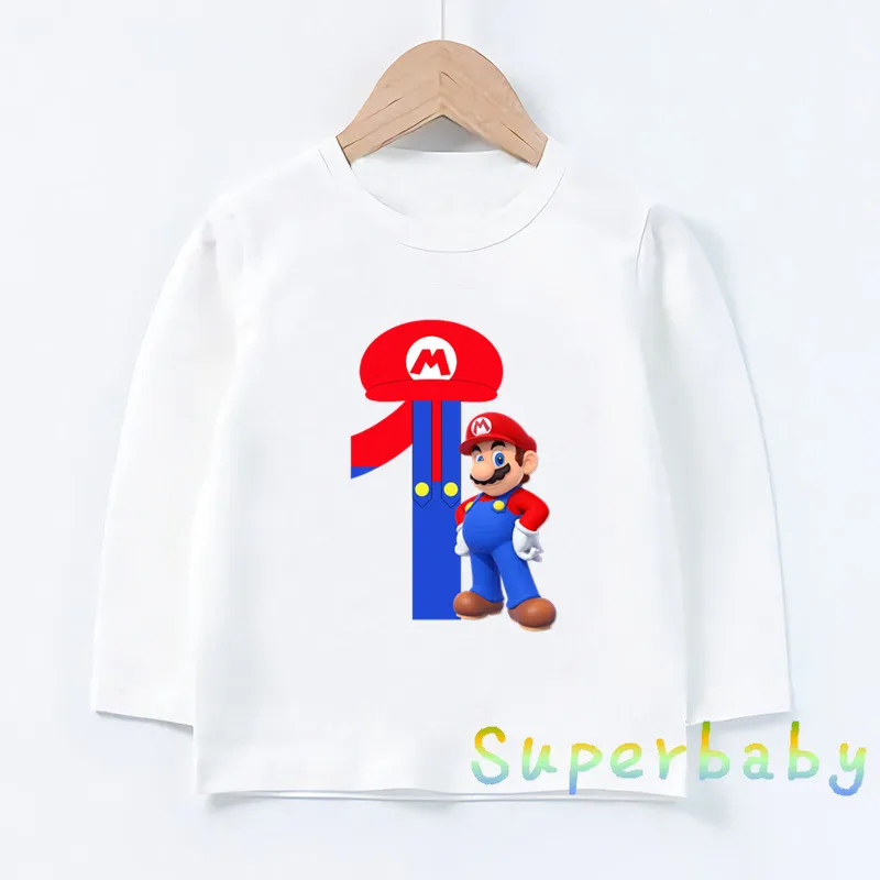 Детская футболка с принтом «Happy Birthday Super Mario» и цифрой 1-9, Забавные топы с рисунками для маленьких мальчиков и девочек, Детская футболка с длинными рукавами, LKP5233 - Цвет: LKP5233-A